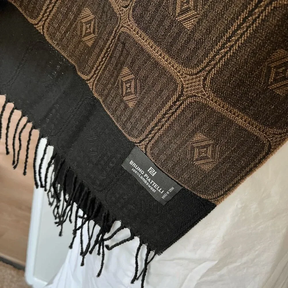 VTG Bruno Piattelli Lambswool Scarf Brown Jacquard Geometric Fringe Italy